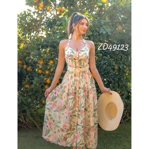 A.Peach Floral Eyelet Halter Midi Dress with Crochet Belt Cream Pink